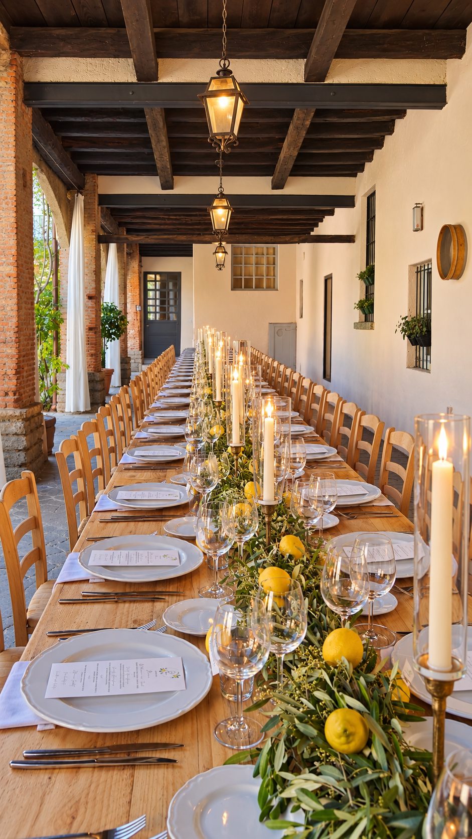 The wedding dinner table laid the length of the beamed portico: a wooden table with white plates, menus and tall candles, dressed with a runner of olive branches and lemons under hanging lanterns