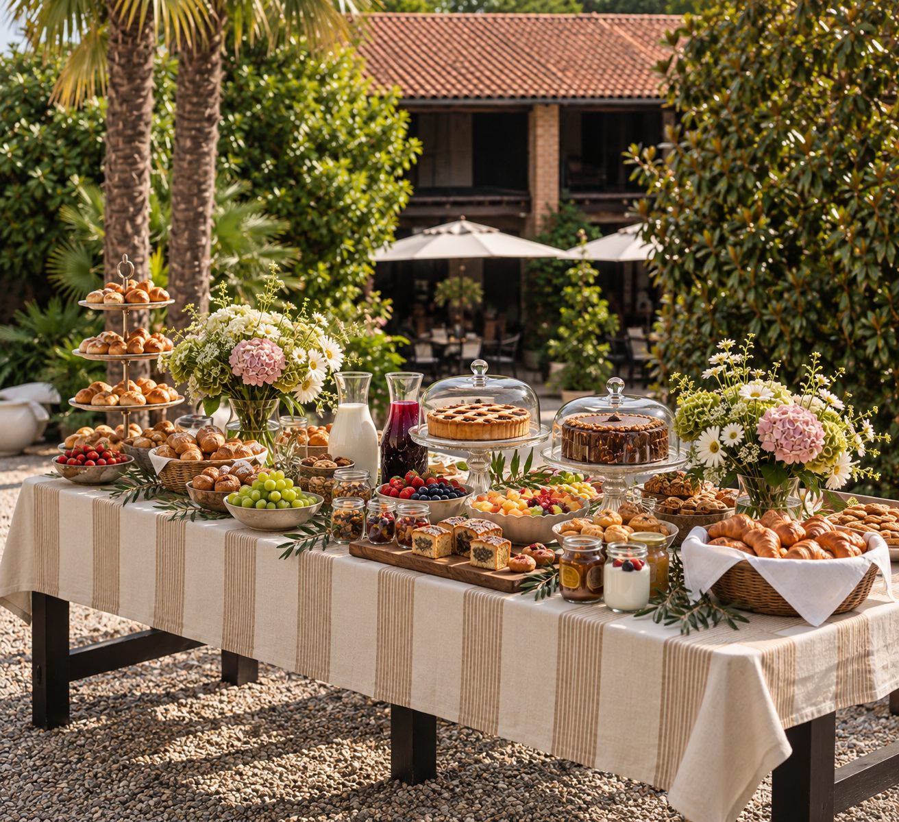 A brunch buffet in the courtyard garden on a table dressed in striped linen: tarts and cakes under glass domes, baskets of croissants, fresh fruit, jams, milk and juice, with hydrangeas and daisies, palms and the old tiled farmhouse behind