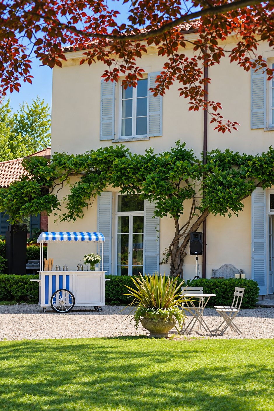 A blue and white striped ice-cream cart with cones and a jug of white flowers on the gravel in front of the villa, under a copper beech beside the wisteria-covered facade