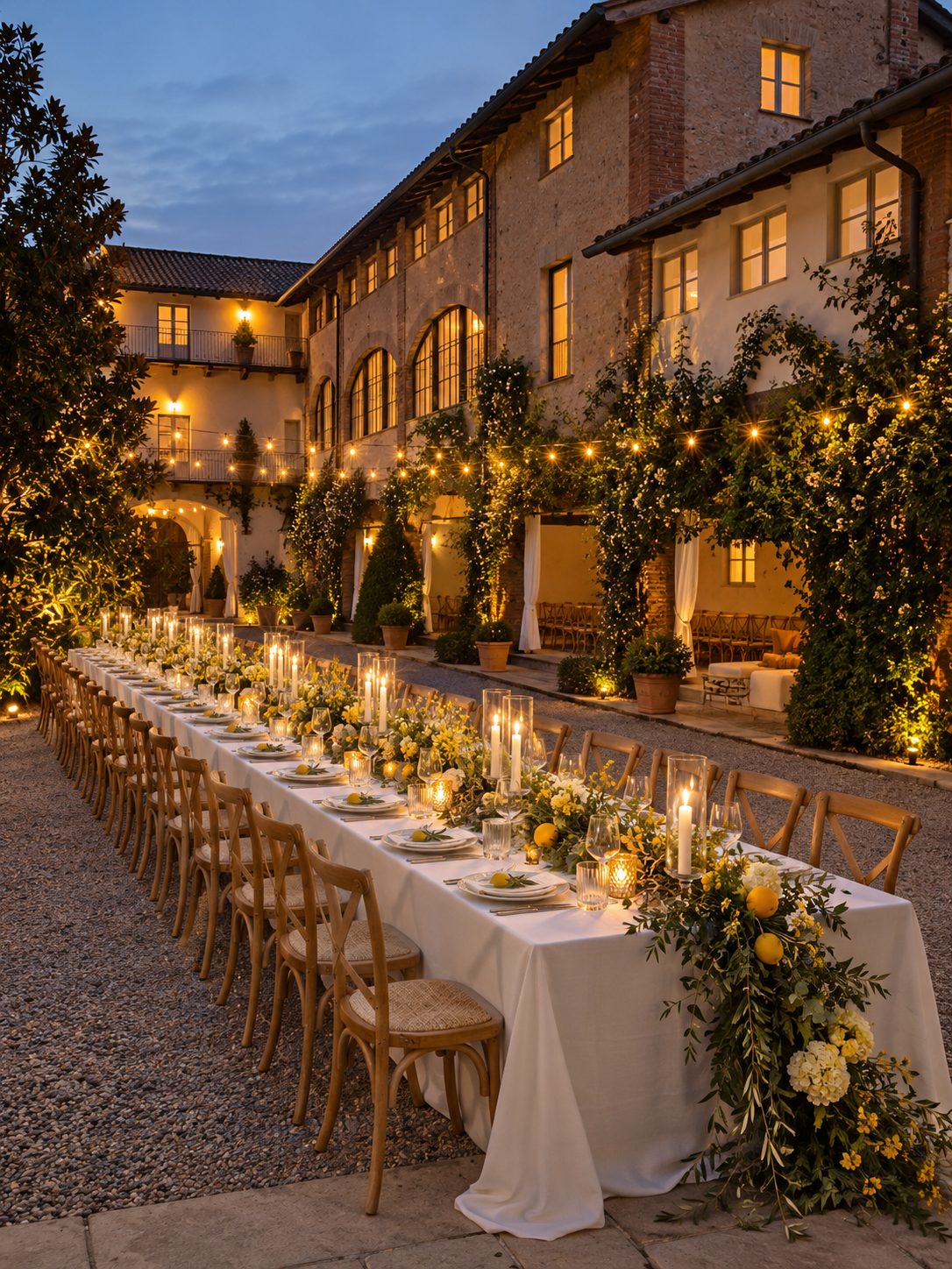 One long imperial table in the courtyard at dusk, laid with white linen and tall candles and dressed with lemons, olive branches and yellow and white flowers, under string lights and the lit windows of the old farmhouse