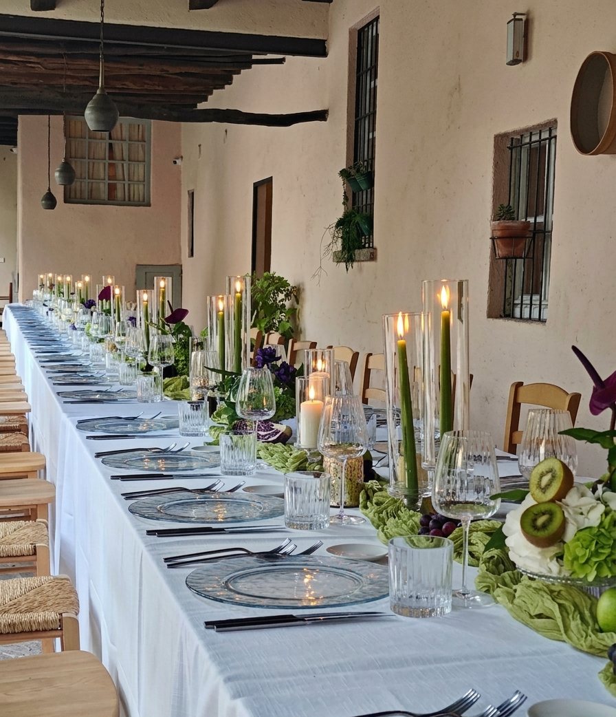 The long wedding table running the length of the beamed portico, laid with glass plates, black cutlery and tall lit green and white candles, with green and purple flowers and fruit along the centre