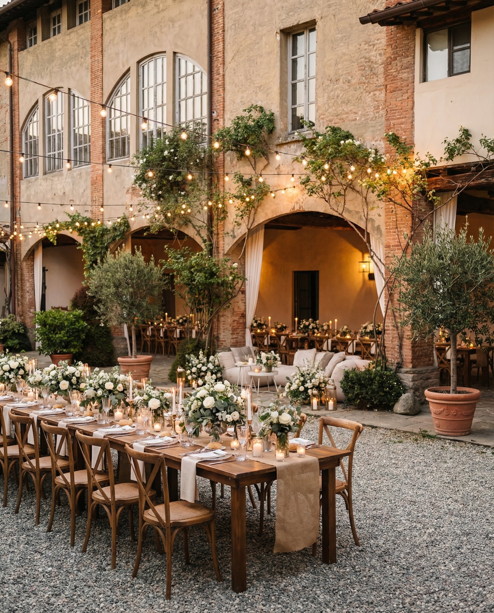 Long wooden table set with white roses and candles in the lit Lombard courtyard under string lights at dusk
